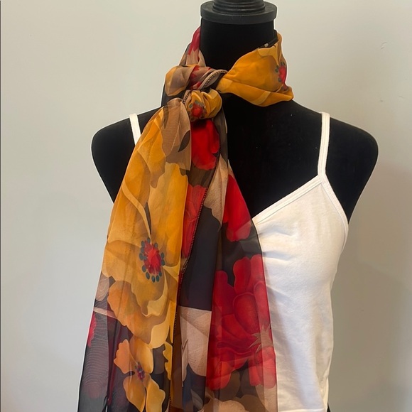 Floral Sheer Scarf - Red and Yellow and black - Picture 2 of 5